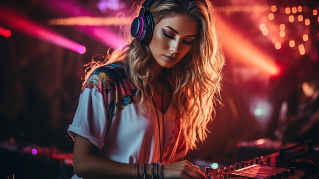 Donna che è DJ alla vista frontale della festa