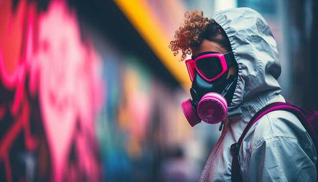 Donna che fa arte dei graffiti cyberpunk con vernice spray sulla strada