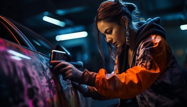 Donna che fa arte dei graffiti cyberpunk con vernice spray sulla strada