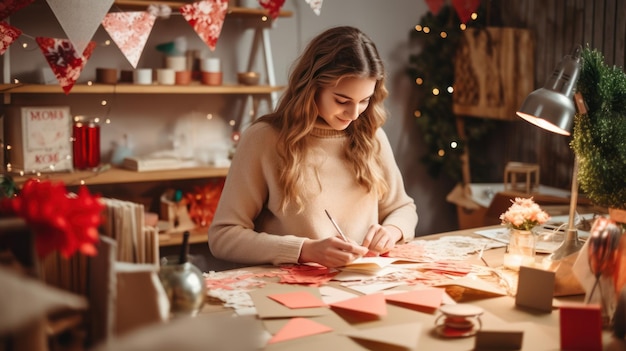 Donna che fa carte di San Valentino fatte a mano