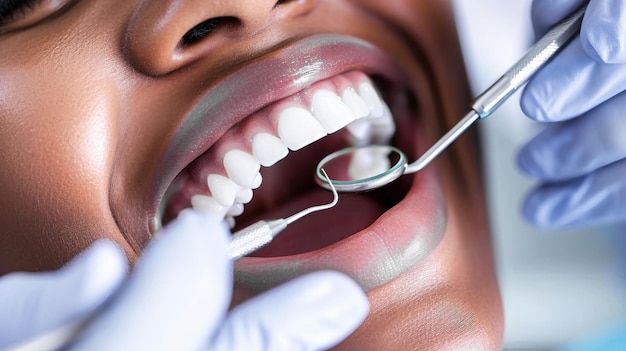 Donna che fa controllare i denti dal dentista