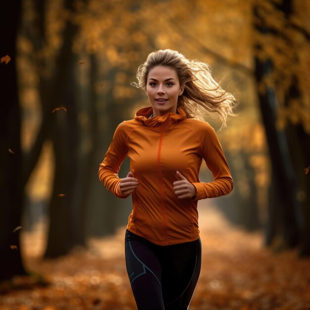 Donna che fa jogging attraverso la foresta d'autunno