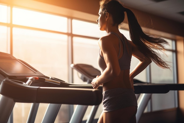 Donna che fa jogging sulle macchine per esercizi in palestra Ai generativa