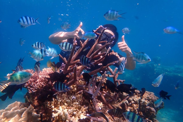 donna che fa snorkeling esplorando la barriera corallina sottomarina con pesci colorati e vita marina