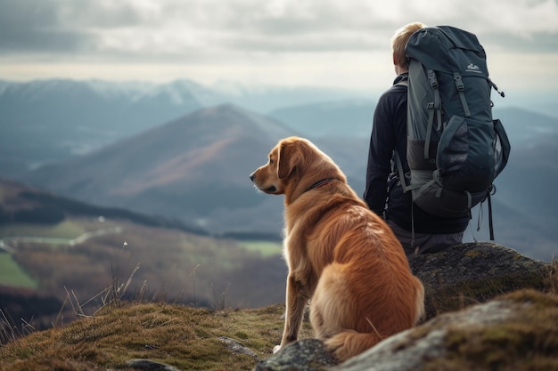 Donna che fa un'escursione con il cane in montagna IA generativa