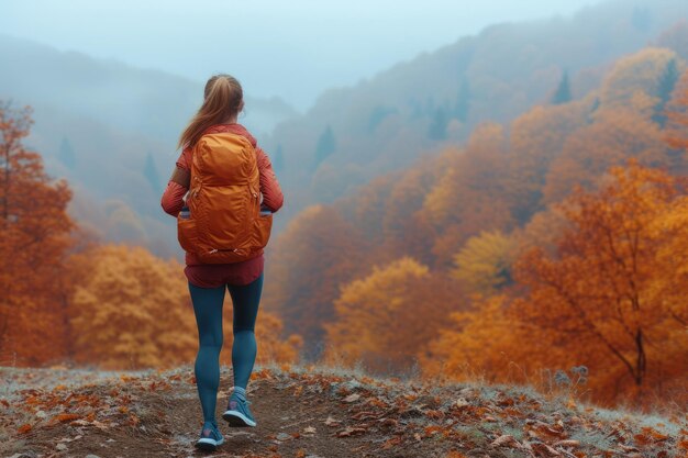 Donna che fa un'escursione in montagna in autunno.