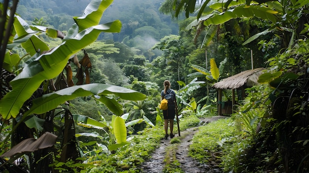 Donna che fa un'escursione nella foresta pluviale tropicale con lo zaino