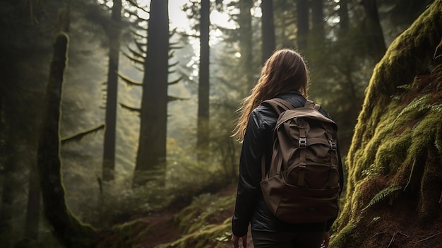 Donna che fa un'escursione nella foresta