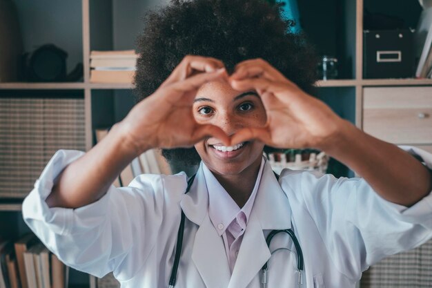 Donna che fa un gesto a forma di cuore con le mani Medico femminile nero sorridente che fa un simbolo d'amore usando le sue mani Operatore sanitario che esprime amore e sostegno ai pazienti