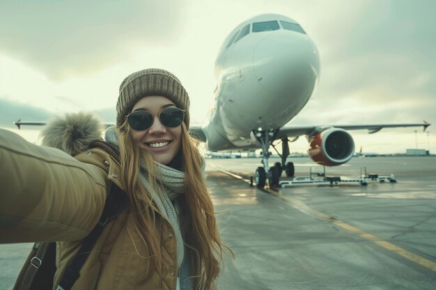 Donna che fa un selfie davanti a un aereo passeggeri sull'asfalto