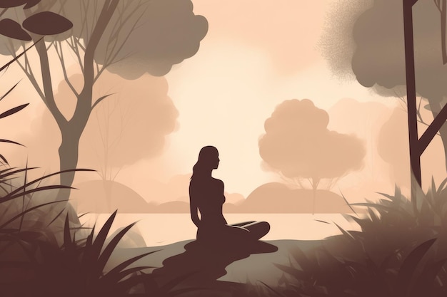 Donna che fa yoga e paesaggio forestale in un'illustrazione minimalista Colori tenui e tenui