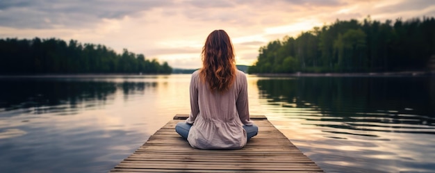 donna che fa yoga sul ponte di legno nel lago