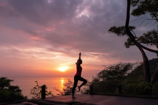 Donna che fa Yoga vista all'aperto al lato mare IA generativa