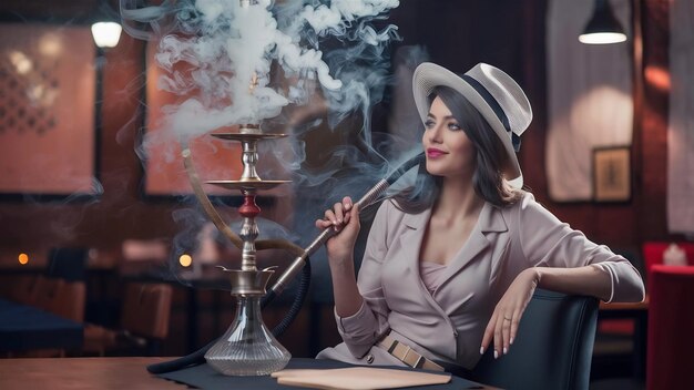 Donna che fuma narghilè e soffia fumo al ristorante