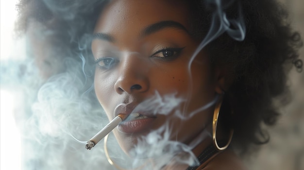 Donna che fuma una sigaretta con fumo che le esce dalla bocca