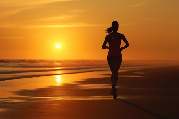 Donna che funziona sulla spiaggia al tramonto