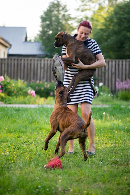 Donna che gioca con i cani in cortile