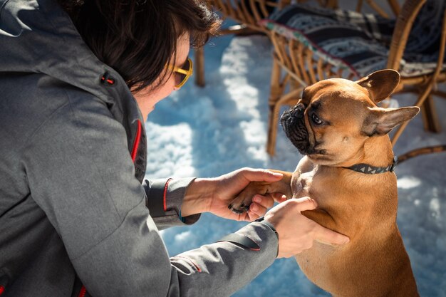 Donna che gioca con il buldog francese sullo sfondo bianco innevato