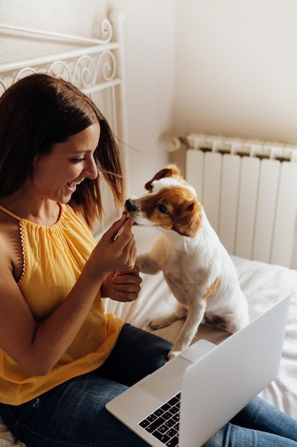 Donna che gioca con il cane mentre è seduta a casa con il portatile