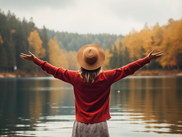 Donna che gode della bellezza della natura guardando la montagna, il lago, la foresta, l'autunno, l'avventura, i viaggi generativi.