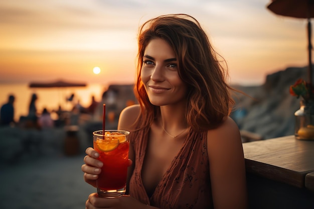 Donna che gode di un cocktail freddo al tramonto