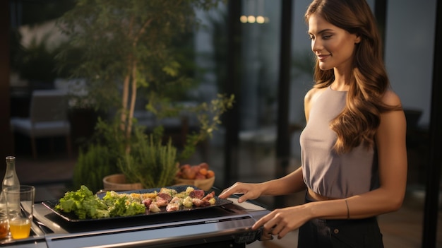 Donna che griglia verdure su una griglia da barbecue