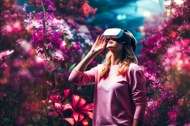Donna che guarda bellissimi fiori in VR
