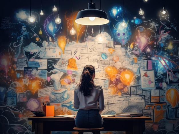 Donna che guarda i disegni e le idee dipinte su un muro Brainstorming concept
