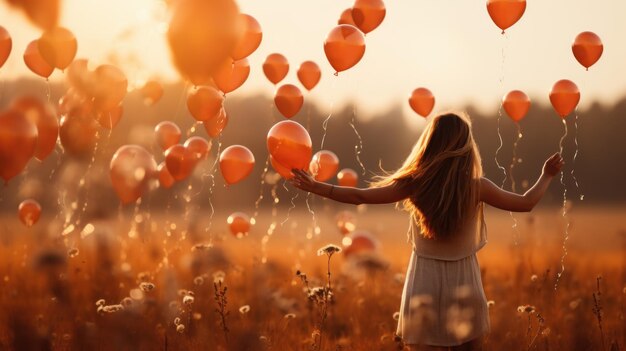 donna che guarda i palloncini volanti nel campo