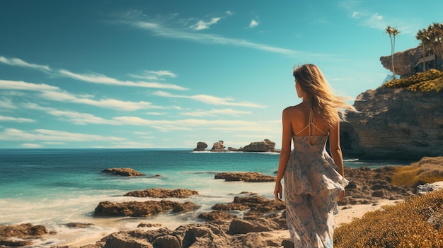 Donna che guarda il bellissimo paesaggio sulla spiaggia