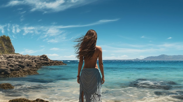 donna che guarda il bellissimo paesaggio sulla spiaggia