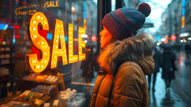 Donna che guarda il cartello luminoso SALE nella vetrina di sconti stagionali