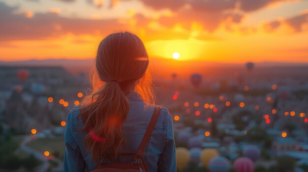 Donna che guarda il tramonto sul paesaggio con palloncini ad aria calda Ritratto di viaggio ispirato