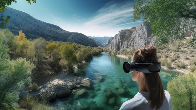 Donna che guarda un bellissimo panorama naturale con un fiume in VR concetto di viaggio virtuale generativo ai