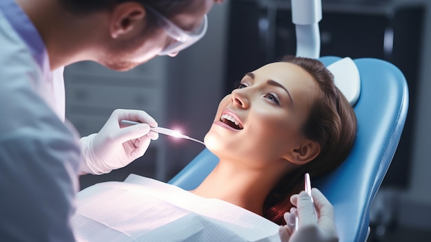 Donna che ha i denti esaminati presso i dentisti