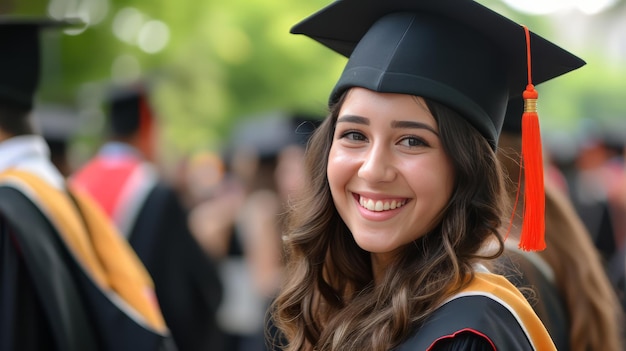 Donna che indossa cappello e abito di laurea