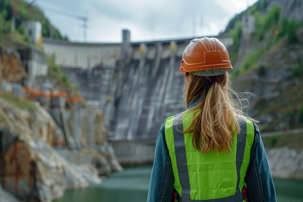 Donna che indossa casco e giubbotto di sicurezza