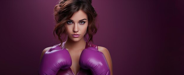 Donna che indossa guanti da boxe bandiera viola donna forte e sportiva concetto generativo ai