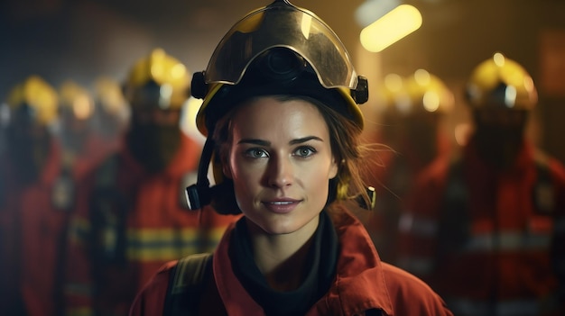 Donna che indossa il casco dei vigili del fuoco nel buio della giornata delle donne