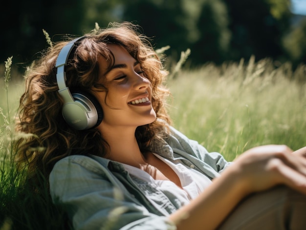 Donna che indossa le cuffie che ascolta la musica