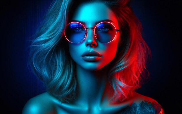 Donna che indossa occhiali da moda luci al neon viola blu rosso stile e tecnologia retro toni scuri