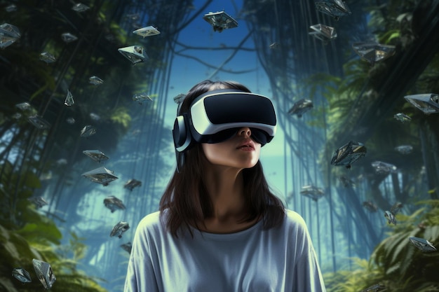 Donna che indossa occhiali per realtà virtuale nella giungla