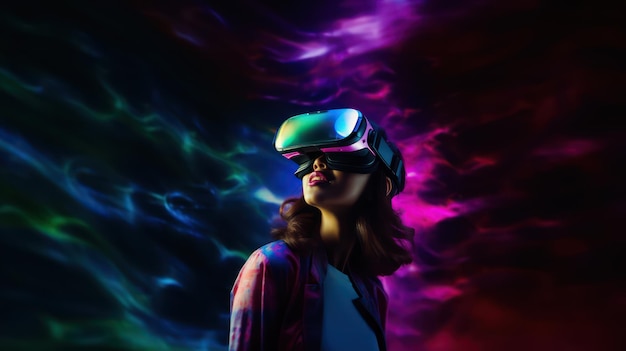 Donna che indossa occhiali VR e interagisce con la realtà virtuale