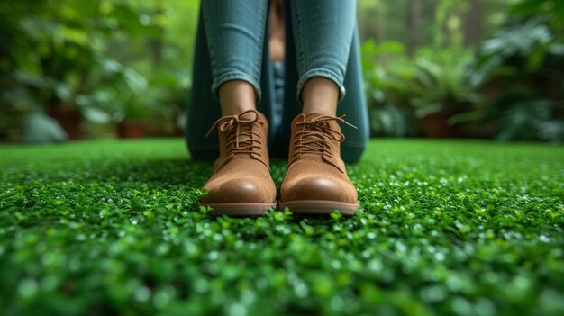 Donna che indossa scarpe marroni sull'erba verde nel giardino concetto di moda e stile di vita AI generativa