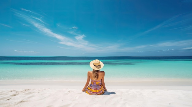 Donna che indossa un abito a righe retrò e un cappello da spiaggia in vacanza con la tecnologia generativa AI