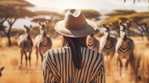 Donna che indossa un abito e un cappello da avventuriera su un safari africano La savana sfocata sullo sfondo