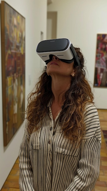 Donna che indossa un auricolare di realtà virtuale in un museo AI generativa