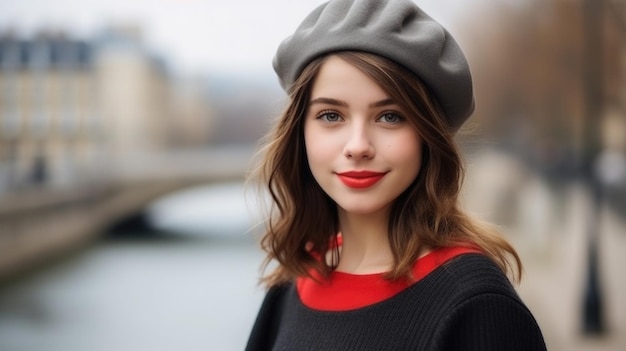 Donna che indossa un berretto elegante e un rossetto rosso vibrante