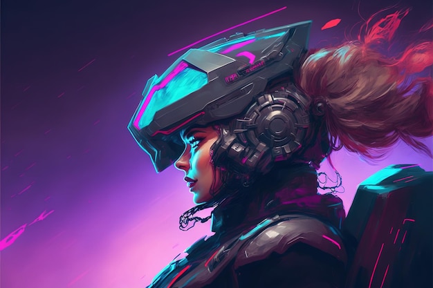 Donna che indossa un casco futuristico in piedi in un mondo virtuale stile arte digitale illustrazione pittura concetto di fantasia di una donna in occhiali vr