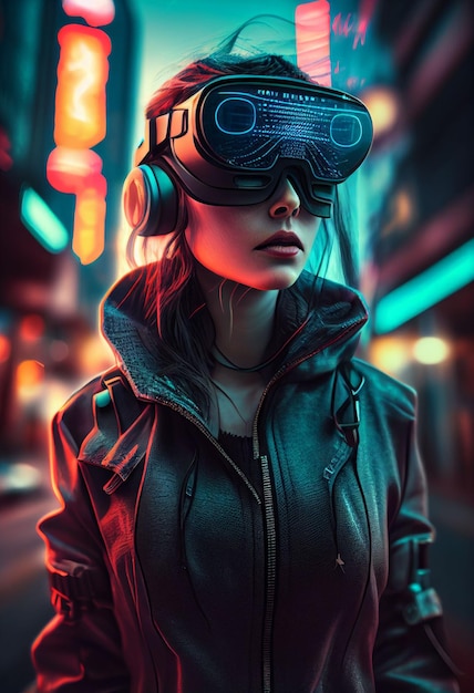 Donna che indossa un dispositivo di realtà virtuale che gioca nel mondo digitale creato con la tecnologia generativa AI